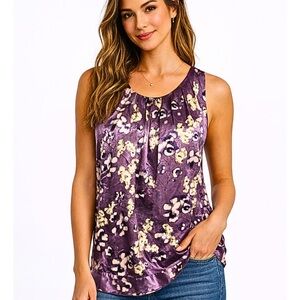 APT. 9 Blouse Floral Purple Silky Sleeveless Tank Top Side Tie Womens SZ Large